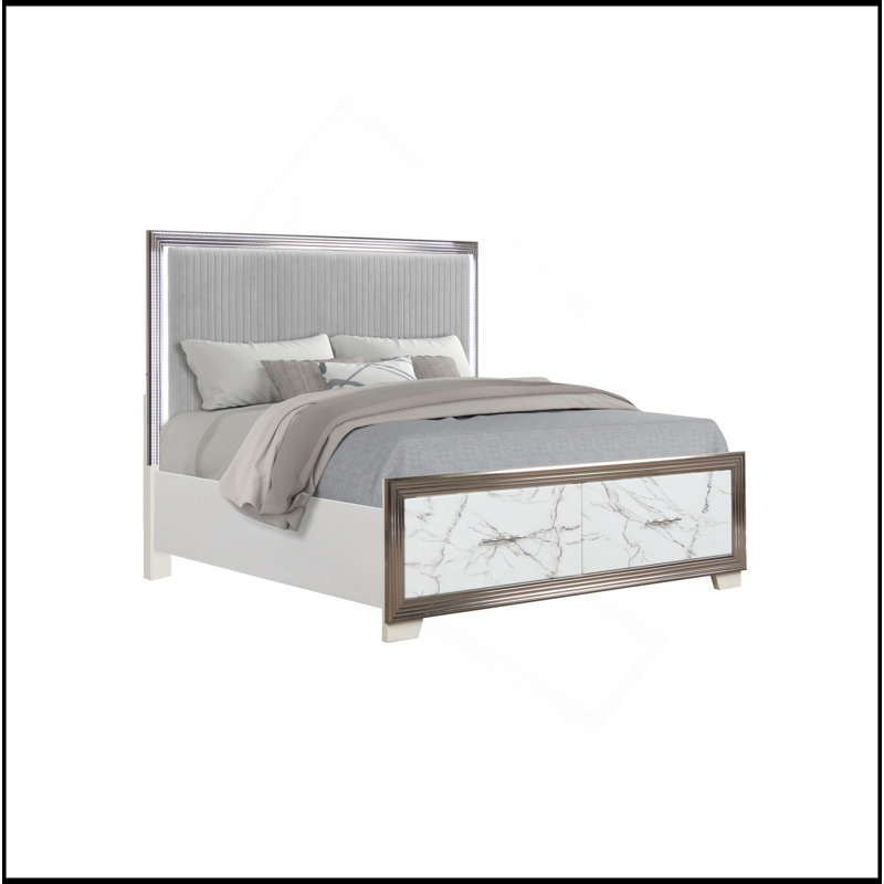 Grand lit Desire - Tête de lit tapissier à DEL avec rangement pour pied de lit à motif de marbre et garniture métallique pour une chambre à coucher chic et moderne