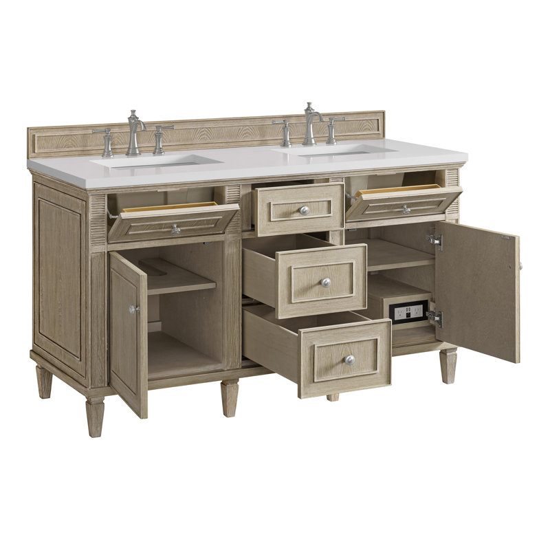 Lorelai 60'' W Double Vanity, Whitewashed Oak, White Zeus, 8" Widespread