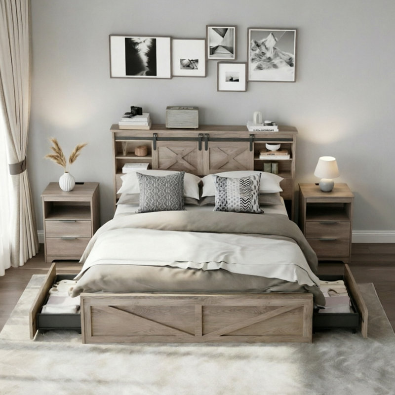 Ensemble de chambre à coucher de style maison de campagne rustique 3 pièces, 1 cadre de lit de ferme grand format et 2 tables de chevet, avec tiroirs, lumières DEL et station de charge