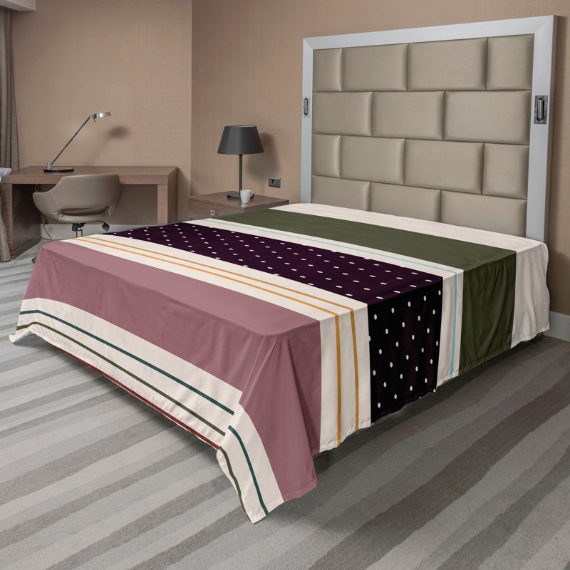 Drap plat moderne de style bohème Ambesonne, Dark Purple/Army Green Dots/Striped, Drap plat pour très grand lit californien