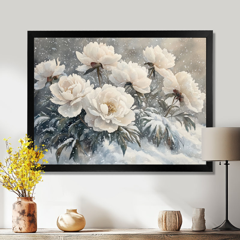 Hiver pivoines dans les congères IV - pivoines, art mural, H 12 po x l 20 po, Cadre simple noir