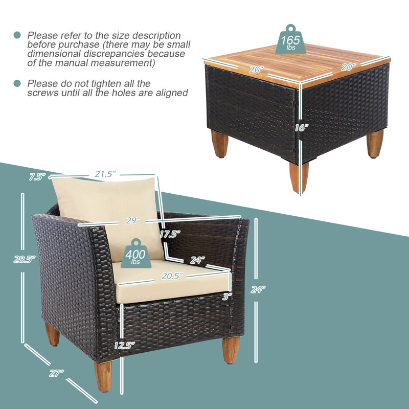 Antun Acacia 2 - Person Patio Conversation Set with Cushions, Mix Brown Frame/Beige Cushion