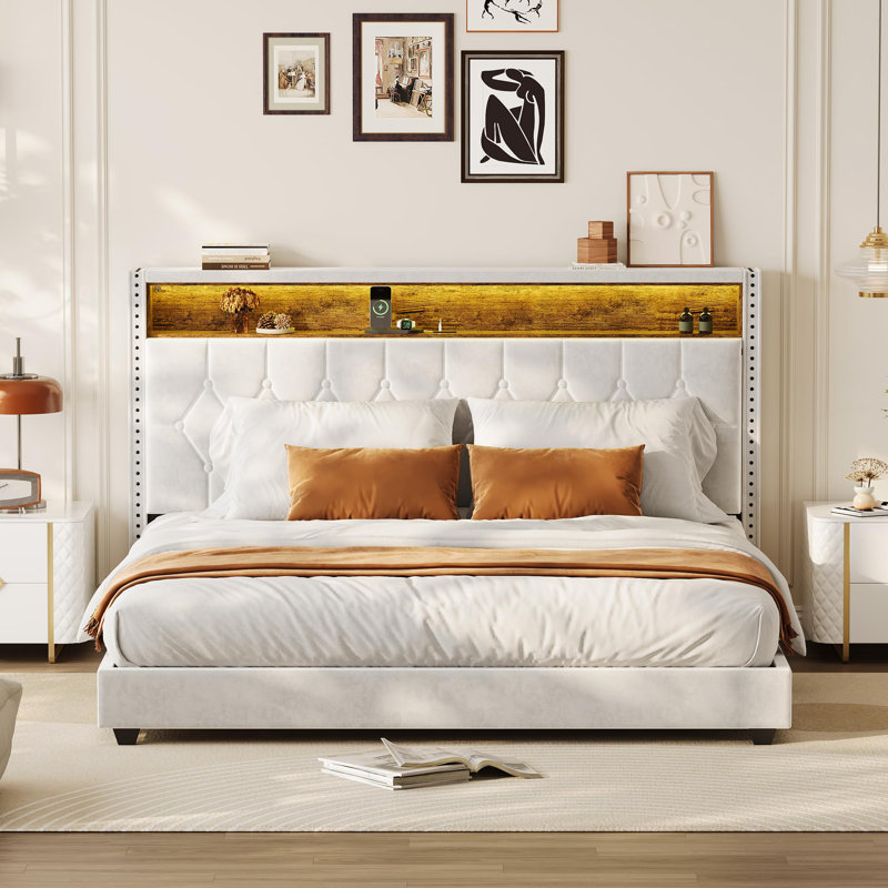 Full Bed Frame with LED Lights, Headboard with Built-in Charging Station, Velvet Upholstered and Nailhead Trim Wingback Bedframe, Wood Slats Support, No Box Spring Needed