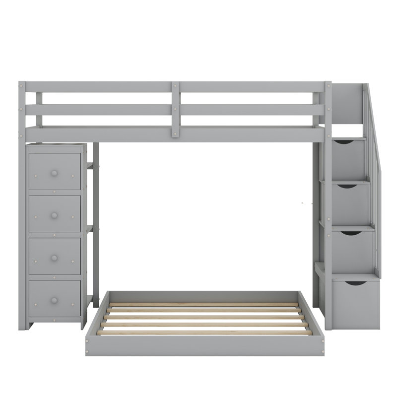 Lit superposé avec tablettes, tiroirs et escalier de rangement, Gris