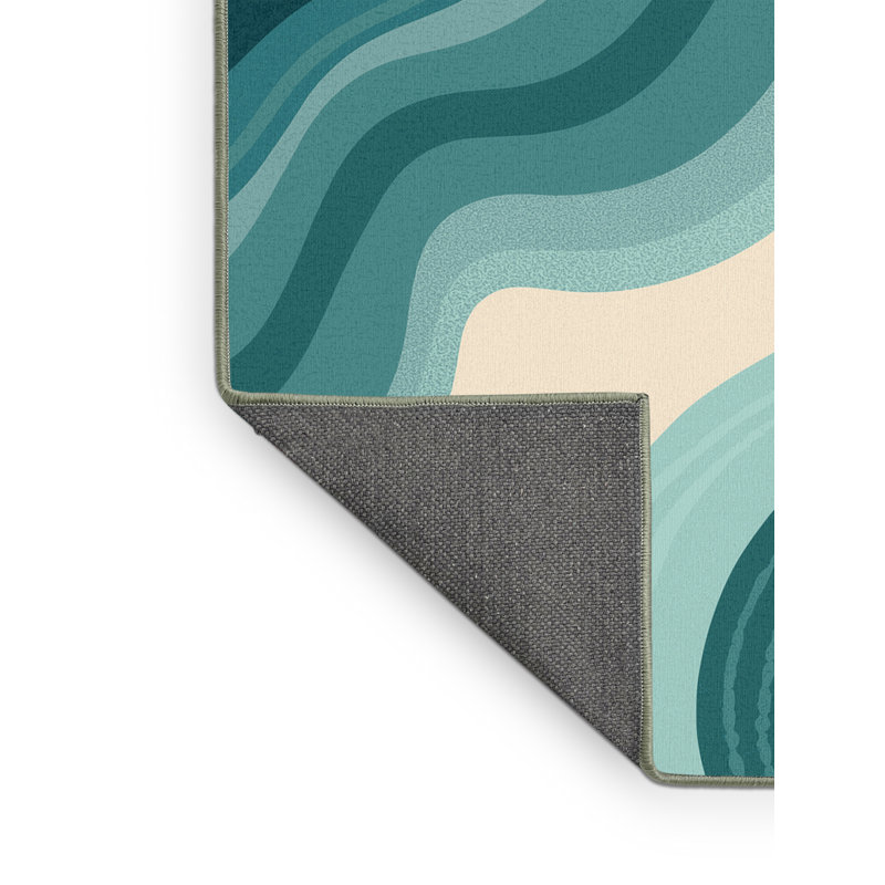 Tapis à motif abstrait tropical doux et moelleux bleu Olivet - reliure vert sauge, Carré 6 pi