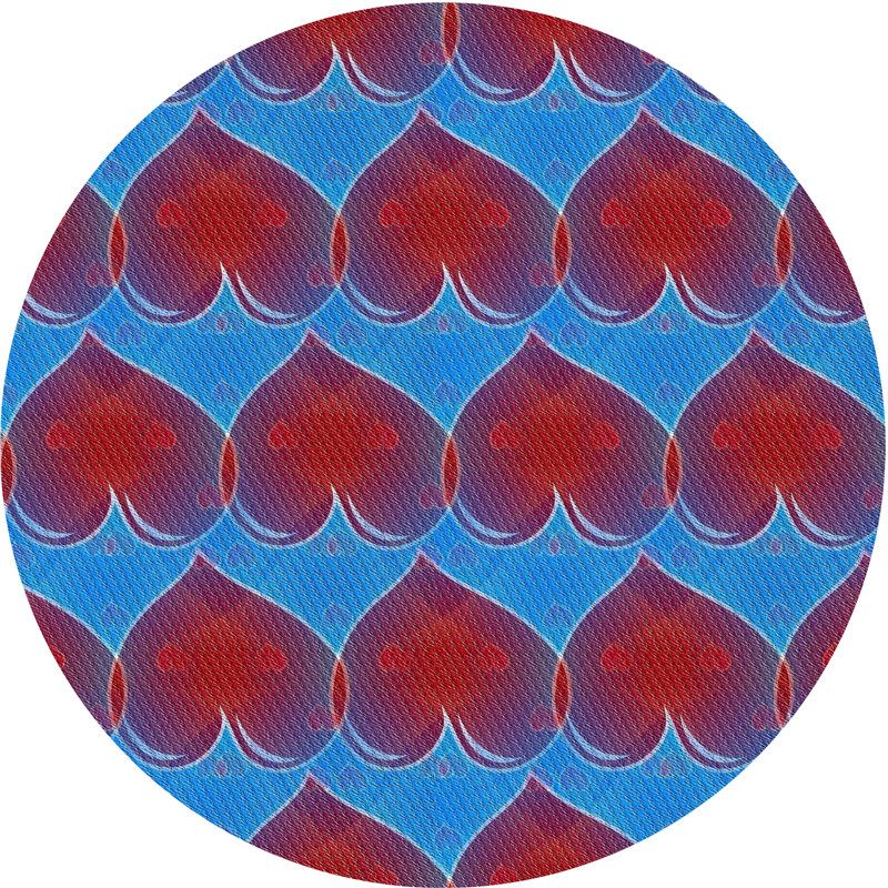Tapis bleu/rouge à motifs, Rond 4 pi