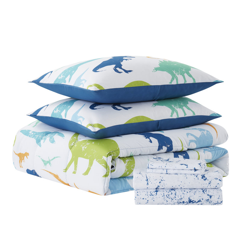 Dinosaur White/Blue/Green Microfiber Reversible Comforter Set, Full/Double Comforter + 2 Standard Shams