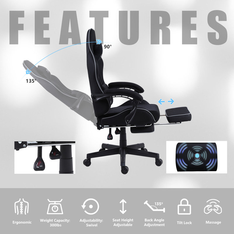 Dowinx Black Fabric Gaming Chair with Footrest and Massage Lumbar Support