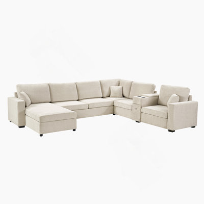 5-Seat Modular U-Shape Sectional Sofa With Chaise, Deep Seating, Cup Holders, Storage Drawer And Extra Pillows For Family Comfort.