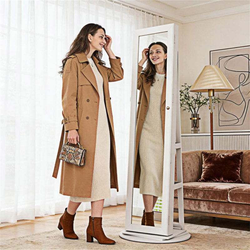 360° Swivel Full-Length Mirror With Storage Shelves, White