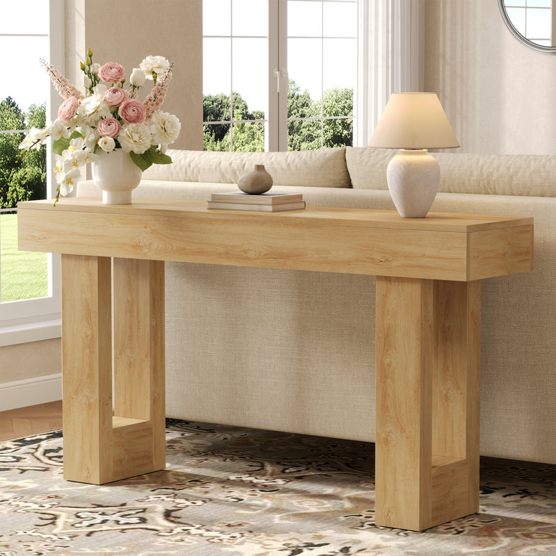 63" Narrow Rustic Sofa Table and Entryway Console in Deep Wood Grain, Nature Wood