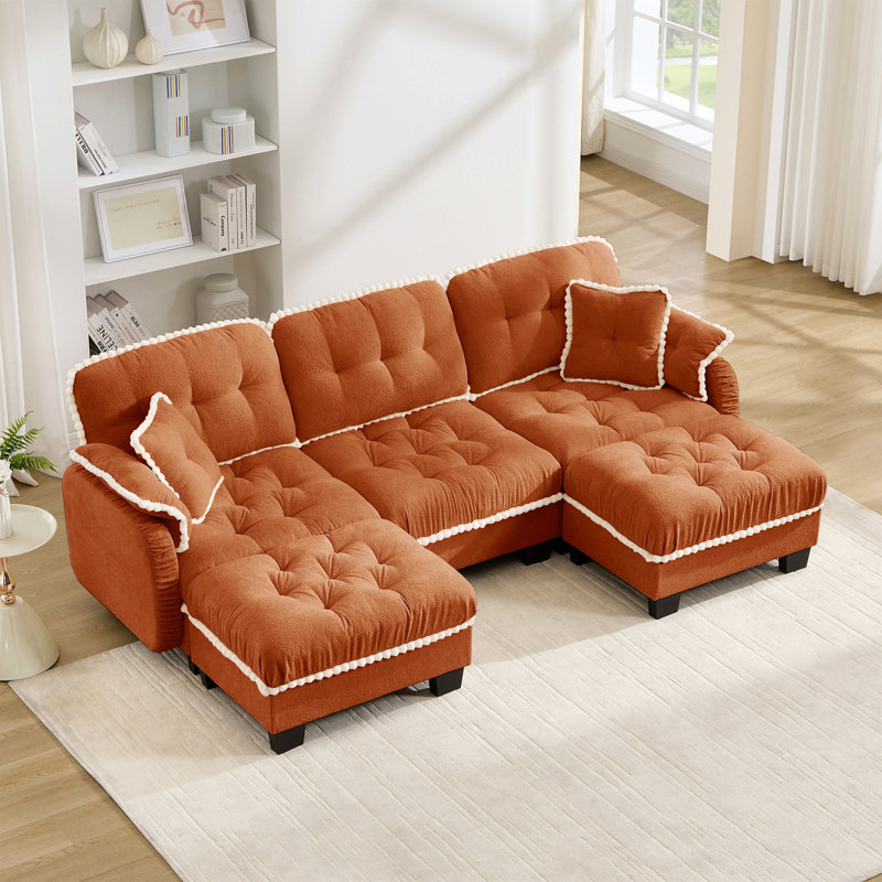 Chenille Cloud U-Shaped Sofa With 4 Pillows, Movable Ottoman Pom-Pom Trim Quilted Tufted Cushion Ergonomic Design, Easy Assembly Deep Seat Couch For Living Room Office, Apartment