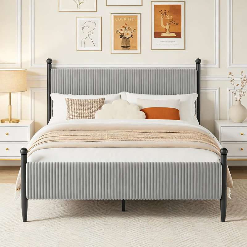 Full Size Upholstered Bed Frame with Velvet Headboard, Soft Corduroy Fabric Platform with Wooden Slats Support & Heavy Duty Feet, No Box Spring Needed, Noise Free, Easy Assembly, Grey