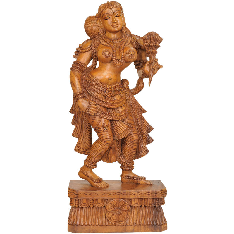 32 Inch Large Apsara Celestial Dancer Wood Carving Statue - South Indian Temple Art Sculpture for Living Room, Entryway & Cultural Home Decor