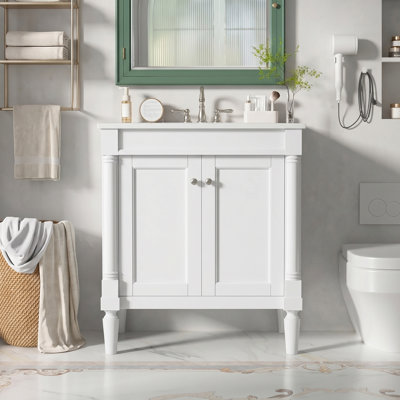 Meuble-lavabo de luxe 30 po avec lavabo en céramique, portes à fermeture douce et pieds en bois massif