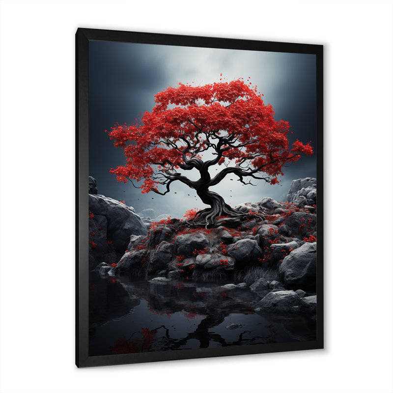 Décoration murale arbre rouge et gris monochrome Solitude III, Cadre photo noir, L 12 po x H 20 po