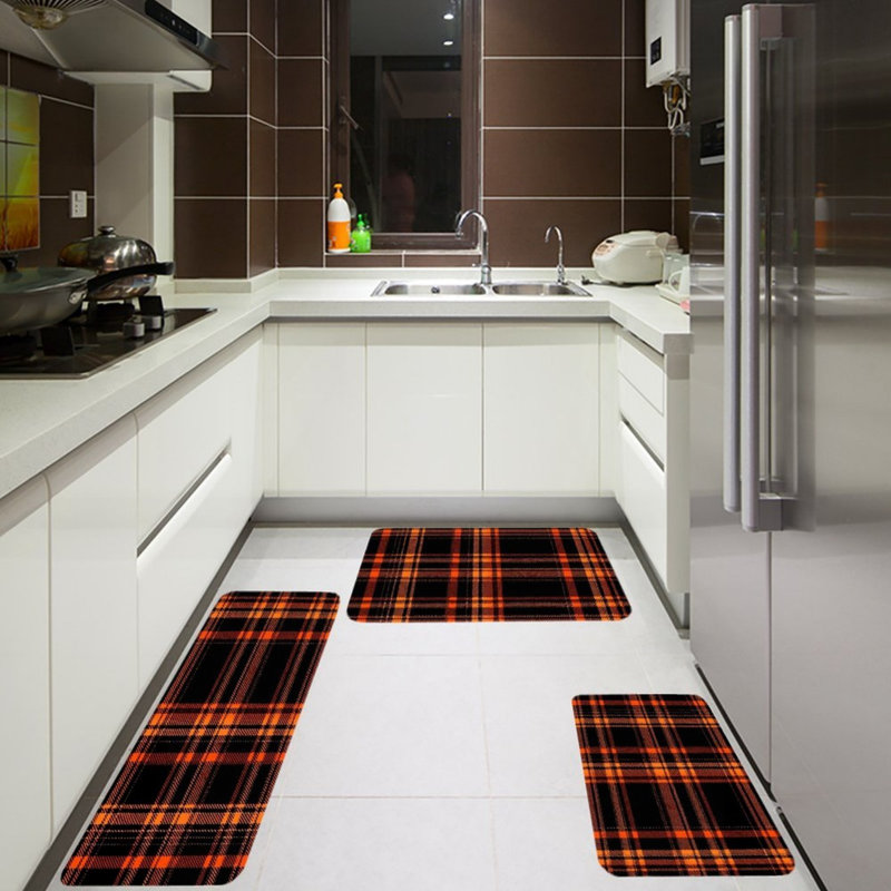 Ensemble de tapis de cuisine 3 pièces orange à carreaux noirs