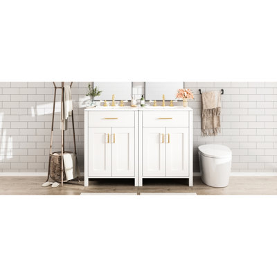 Modern 48-Inch Bathroom Vanity With Double Ceramic Sinks, Flip Drawer, And Golden Handles For A Contemporary Look Freestanding Dual Soft-Close Hinges, Adjustable Shelf Organized Storage