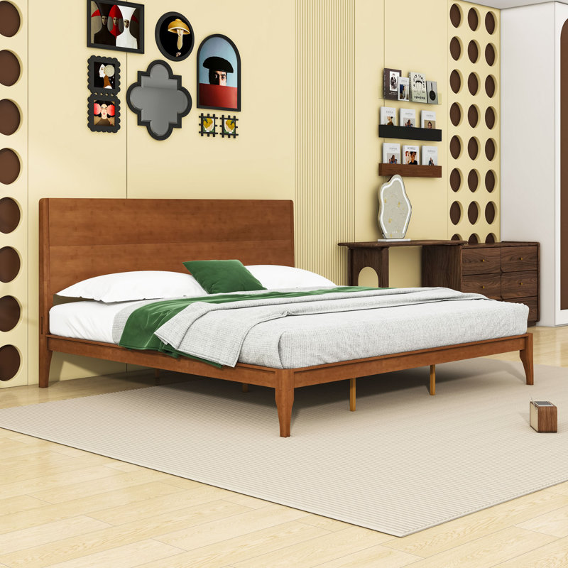 Lit plateforme en bois avec tête de lit et lattes, King, Brown