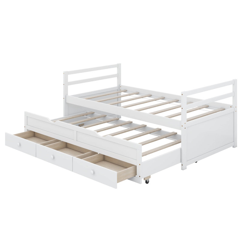 Twin Size Bed Guest Bed With Trundle And 3 Storage Drawers, Platform Bed With Headboard & Footboard, White