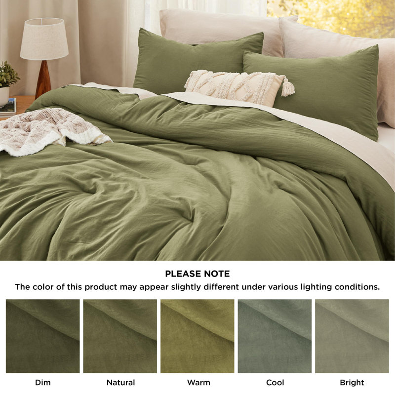 Bedsure Reversible Prewashed Comforter Set, Queen Comforter + 2 Standard Pillowcases, Olive Green