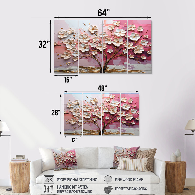 Orchidée rose et or jardin de branches II - arbre, 4 pièces, décoration murale, H 28 po x l 48 po