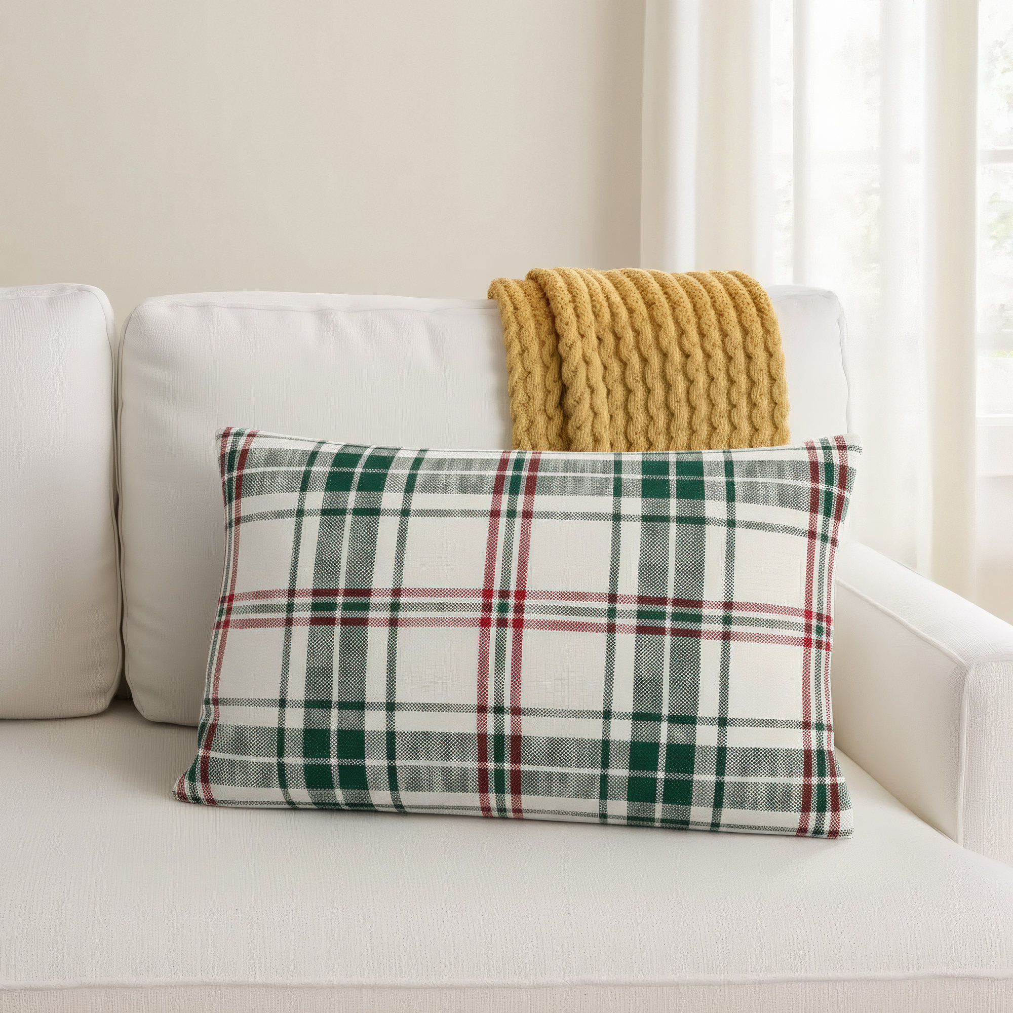 Keta Plaid Cotton Lumbar Throw Pillow, Down Blend