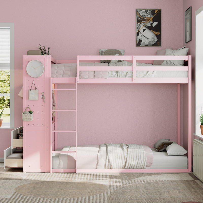 Twin Size Bunk Bed With 4 Storage Drawers, Hanging Rail, Light Strip And Built-In Shelves & Dual Pegboards, 3 Colors Available
