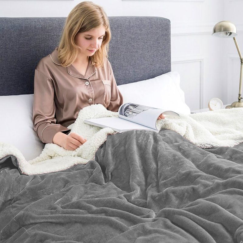  Sherpa Fleece Fur Thick Reversible Blanket Throw, Throw, Silver