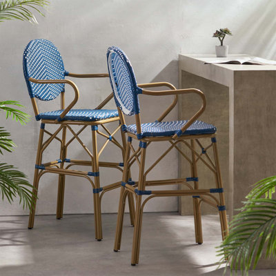 Ensemble de 2 tabourets de bar d'extérieur en osier et aluminium, bleu marine, finition à imprimé bambou, résistant à la rouille et durable