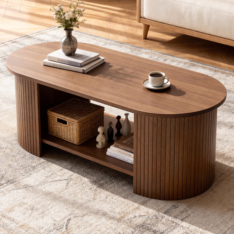 Table basse ovale de 42,51 po avec rangement, table de bout Mid-Century moderne à 2 niveaux pour le salon, Noyer