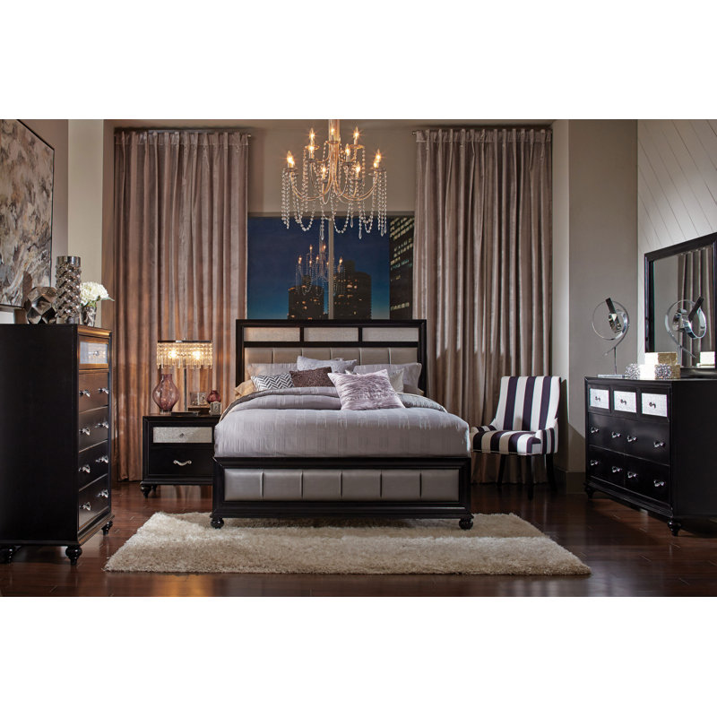Ensemble de chambre à coucher, Grand lit, Blanc / Gris, Ensemble de 5 pièces : lit, table de chevet, comm
