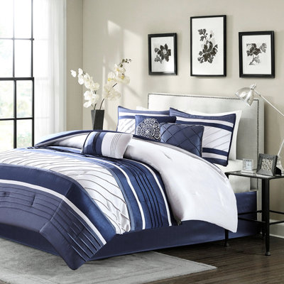 Navy Queen 7 Piece Comforter - Faux Silk, , , All Season, Machine Washable In Details, Home Textiles