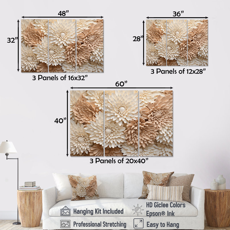 «Pure White Chrysanthemums Mosaic III», ensemble d'art mural sur toile Chrysanthemums, Toile tendue