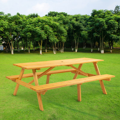 Table de pique-nique pour 8 personnes en bois brun, avec 2 sièges et bancs intégrés pour une expérience de camping agréable