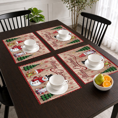 Ensemble de 4 napperons de Noël résistants à la chaleur, pour l'intérieur et l'extérieur, gnome bonhomme de neige rouge brun