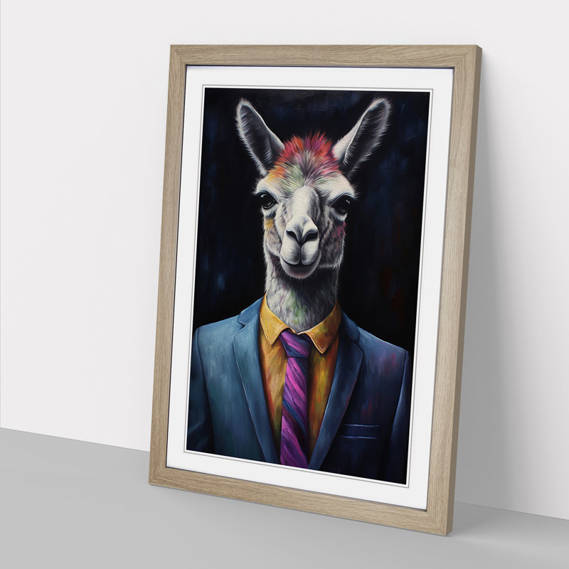 Llama In A Suit Painting No.2 - Single Picture Frame Print on Wood, Oak Framed, 46cm H x 34cm W x 2cm D