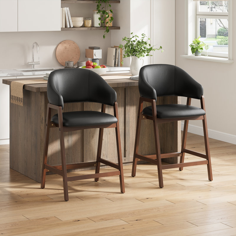 Upholstered Solid Wood Bar Stool Counter Stool, Black, 2