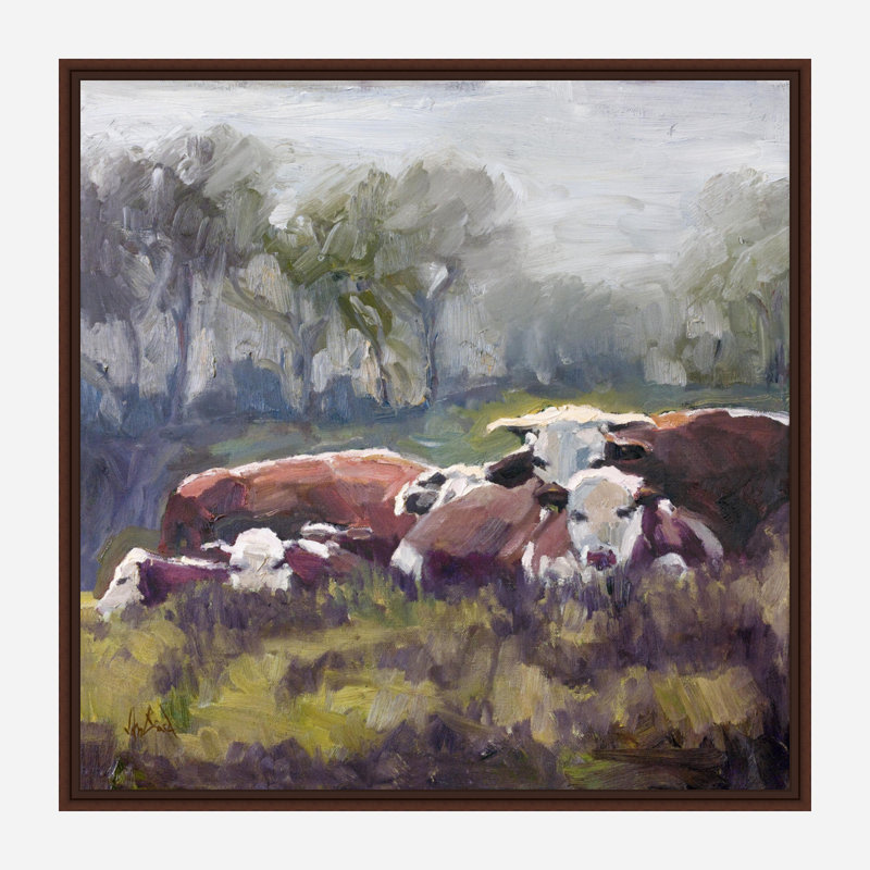 FIVE COWS FIVE COWS - Unframed Print on Canvas, Brown Framed Canvas, 36" H x 36" W x 1.75" D
