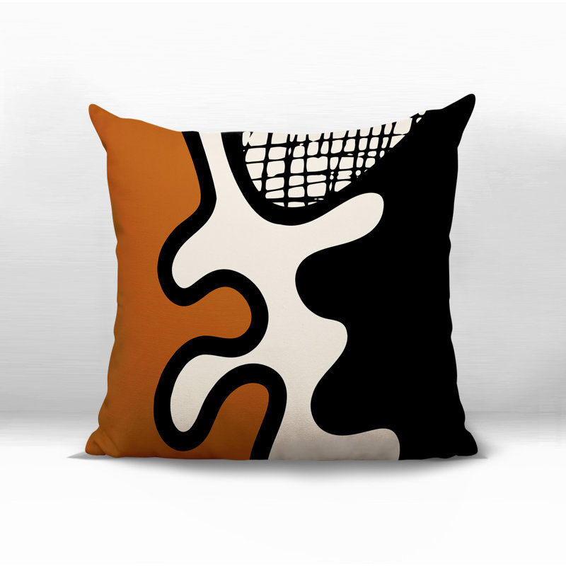 Oreiller carré réversible intérieur / extérieur Vido, H 17 po x l 17 po, Orange brûlé / noir / blanc cassé abstrait