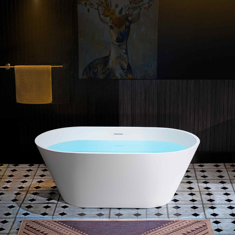Cove WOODBRIDGE 59" L x 29-7/8" W Luxury Contemporary Solid Surface Stone Resin Freestanding Bathtub in Matte White