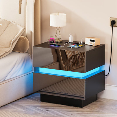 Bedside Table with 2 Drawers, Black Bedside Cabinet with LED Light & UK Charging Station 2AC/2USB, Wooden Side Table for Bedroom Living Room Sofa Side Corner Cabinet, UK Plug