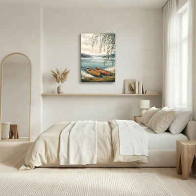Ensemble de 1 tableau sur toile représentant un canot sur un lac