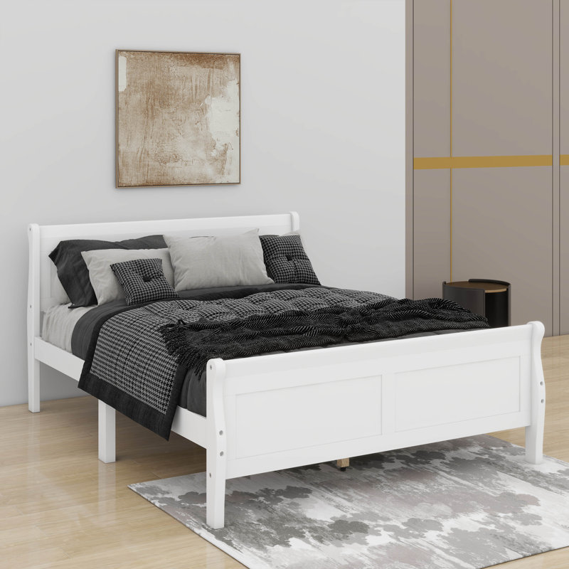 Lit plateforme double en bois avec tête de lit, Blanc, Lit double