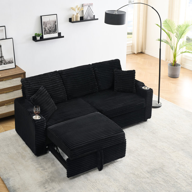 3 velours côtelé noir de 80 pouces avec un design escamotable et caché, un porte-gobelet, 2 coussins pour le salon, un coussin pliable, un décor approprié