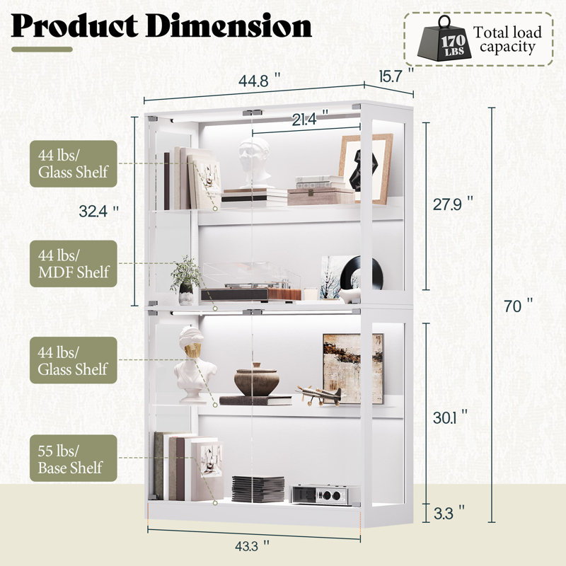 Vitrine moderne à DEL avec tablettes réglables en verre et portes à pression, 4 niveaux, H 70 po x L 45 po x P 16 po, blanc