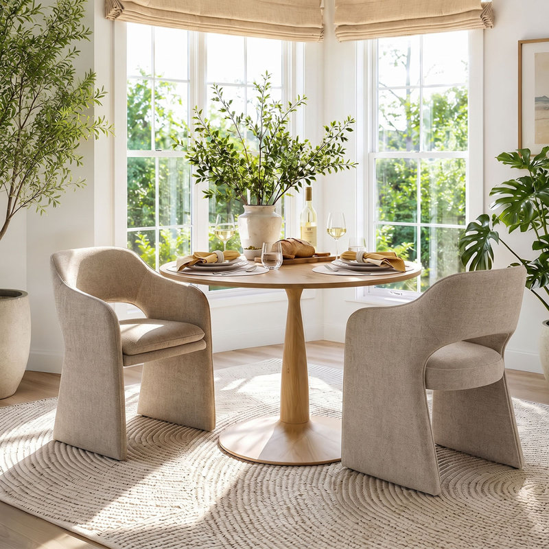 Ensemble de table et de chaises pour 2 personnes avec table ronde et 2 fauteuils en tissu rembourrés, Khaki