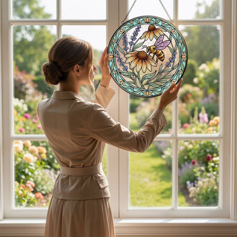 Panneau de vitrail Bee Flower, H 7,8 po