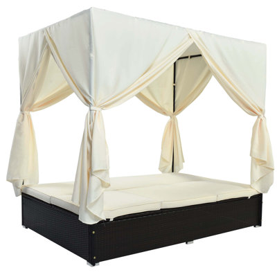 Outdoor Double Chaise Lounge Daybed With Privacy Curtain, Sturdy Steel Frame Loveseat, Adjustable Backrest For Terrace & Poolside