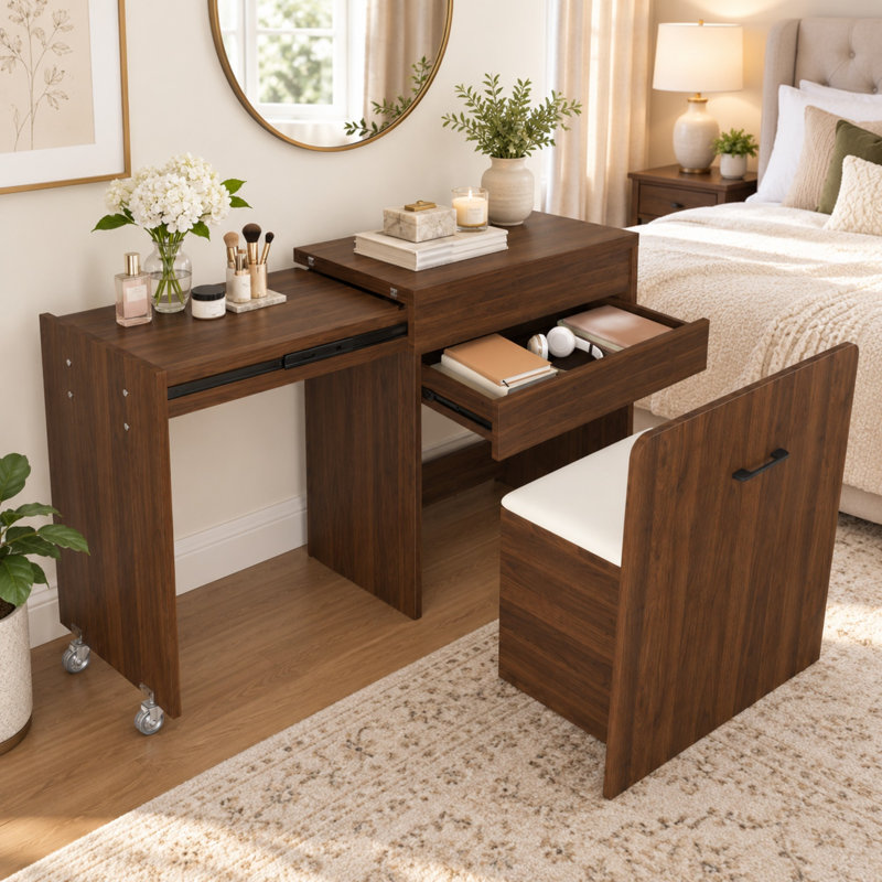 Coiffeuse convertible 3 en 1 avec miroir et tabouret de rangement